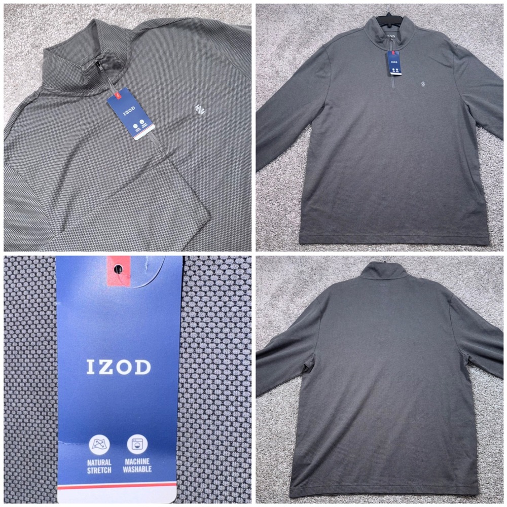 IZOD Popcorn Jacquard Pullover Mens Quarter Zip Stretch Gray Large NEW